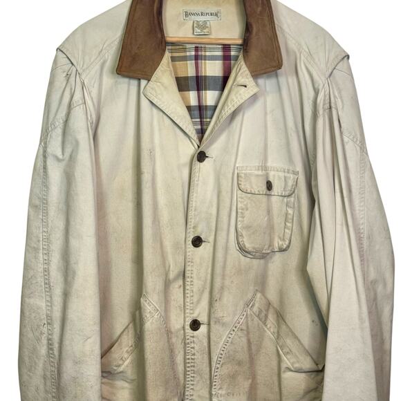 Vtg 1990's Banana Republic Khaki Leather Collar Field Chore Utility Barn Jacket - Picture 3 of 7